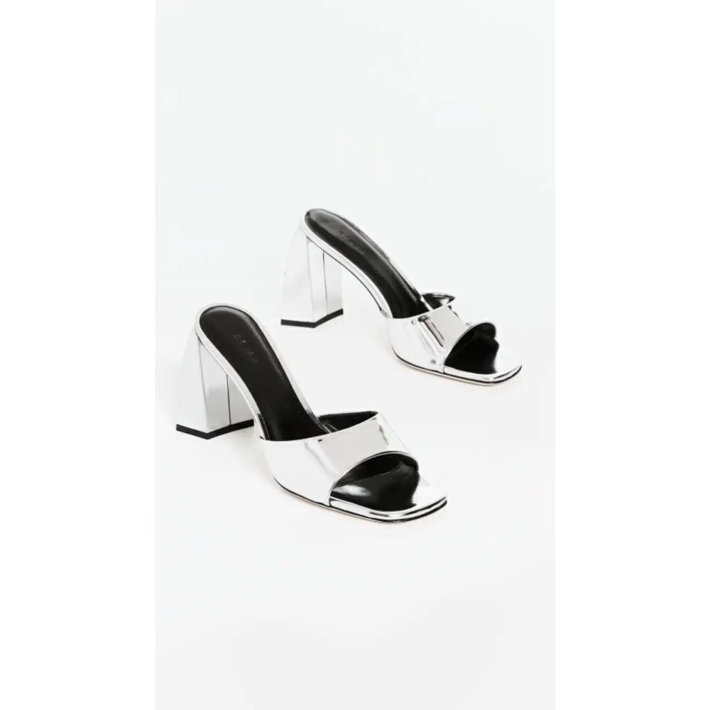 By Far Michele Silver Mirror Lac Mule Sandals Square Toe Block Heel Size 6 Eu 36